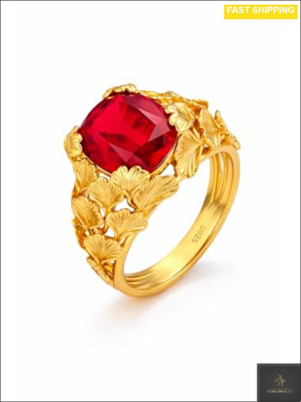 Ginkgo Leaf Ruby Ring 24K Gold Plated Sterling Silver 3.95ct
